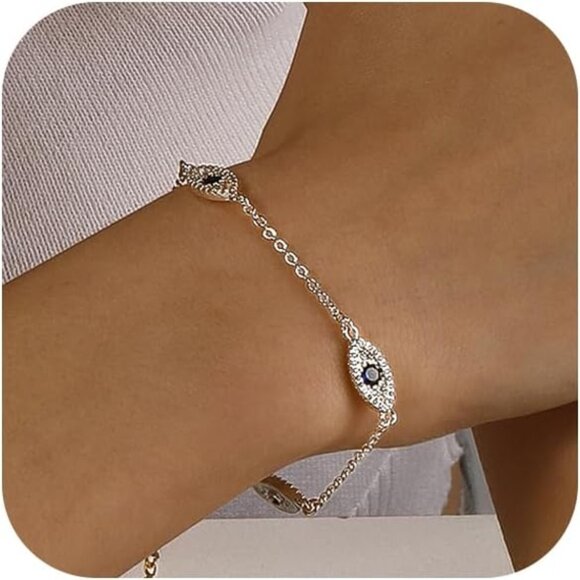 Sterling Silver SL-Evil Eye Link Chain Ring Bracelet Cubic Hand Chain for Women - Picture 1 of 8